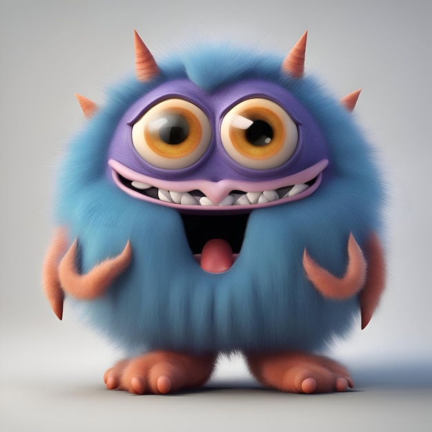 Photo funny monster with horns and a big smile 3d rendering