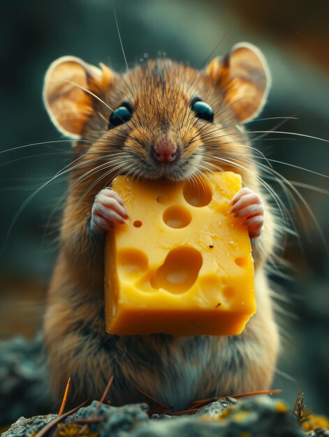 Funny mouse and cheese on the nature