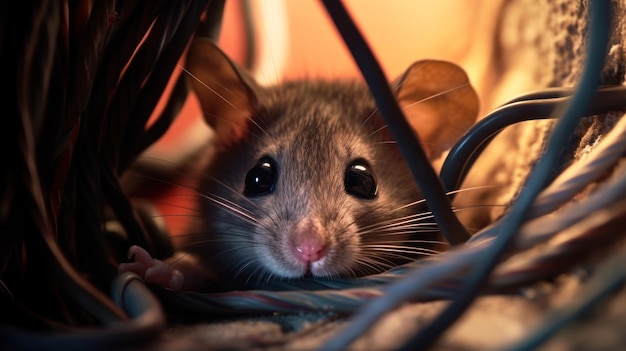 Забавная мышь запуталась в электрических проводах.