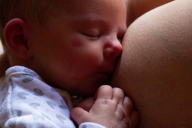 面白い生まれたばかりの赤ちゃんは、乳を飲んだ後、母親の胸で眠りに落ちます