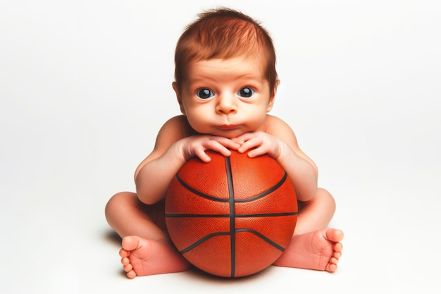 funny newborn baby with basketball ball on solid white background