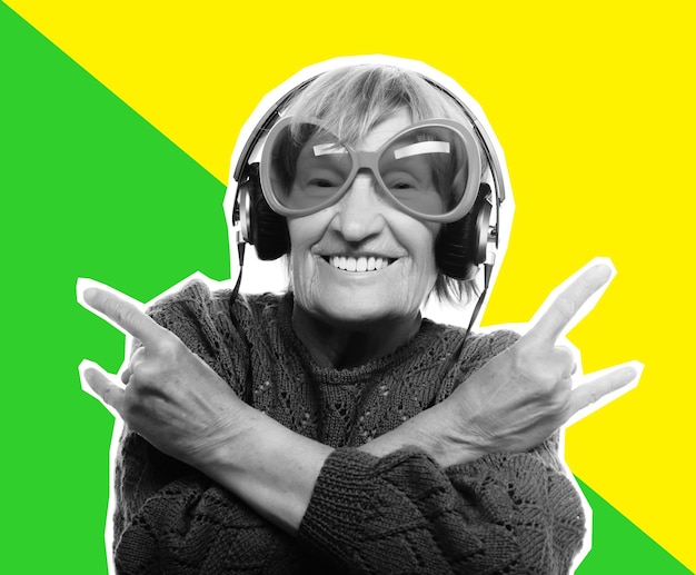 Funny old lady listening music and showing thumbs up Art collage magazine style