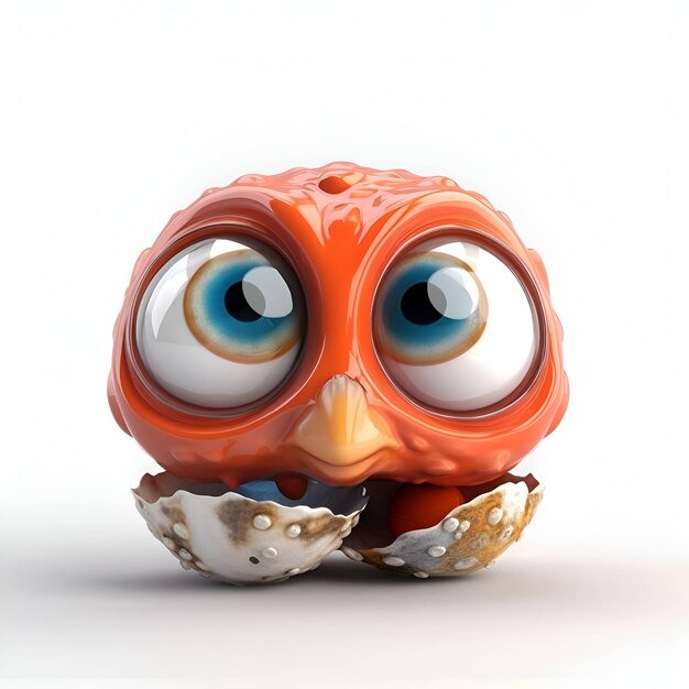 Funny orange bird with big eyes and shell on a white background