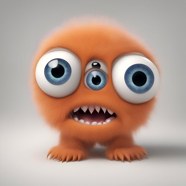 Photo funny orange monster with big eyes isolated on gray background 3d rendering