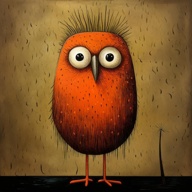 Funny Orange Owl With Big Eyes In The Style Of Alex Andreev