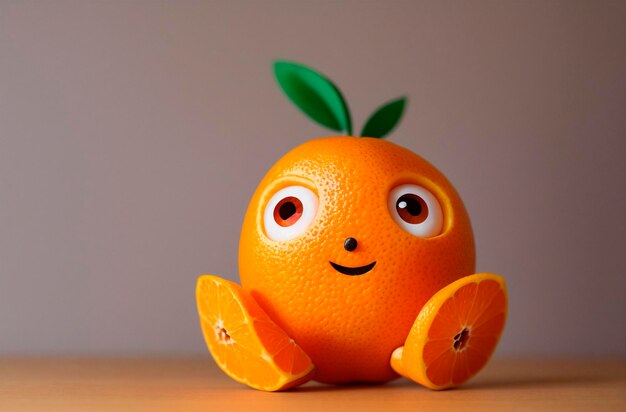 Funny orange with smiley face on grey background Healthy food concept Generative AI