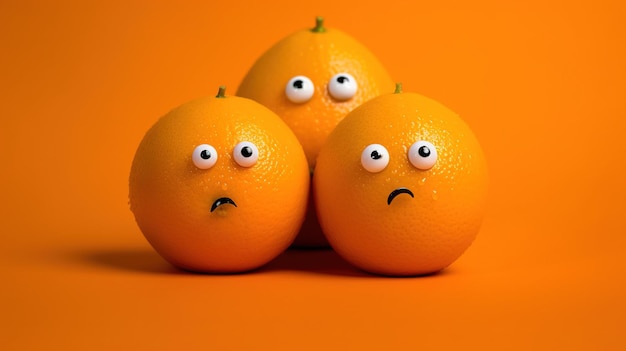 Funny oranges with eyes on orange background Healthy food concept AI generative