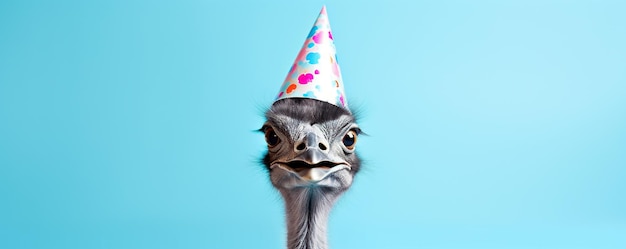 Funny ostrich with birthday hat on blue background panorama