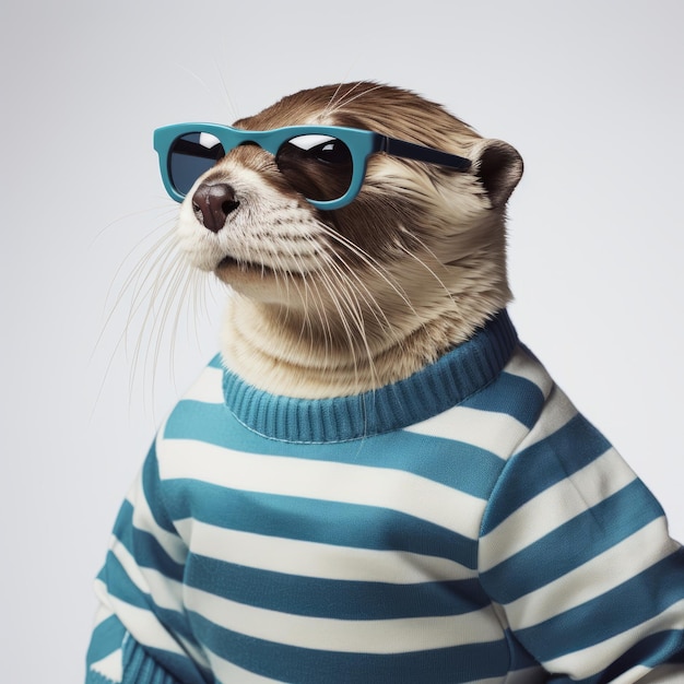 Забавная выдра в полосатом свитере и солнцезащитных очках Стильный дизайн костюма Caninecore