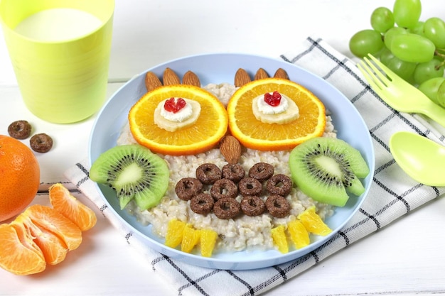 Funny owl oatmeal made of fruits and nuts food idea for kids top view Healthy breakfast