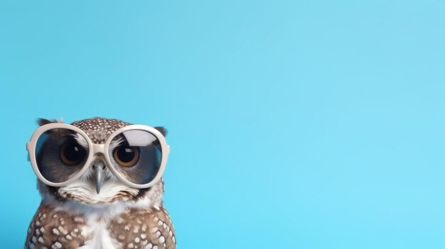 Funny owl wearing sunglasses on blue pastel color background Generative AI
