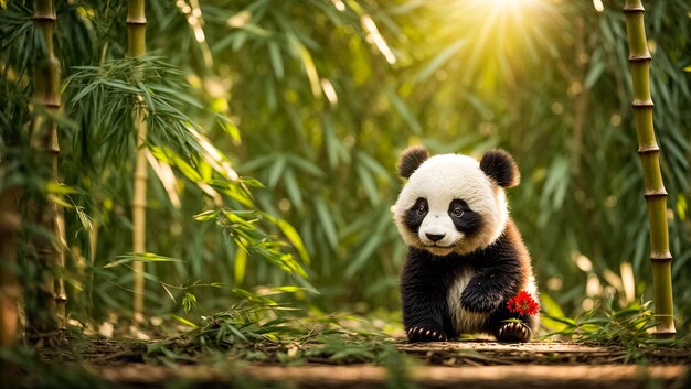 Funny panda on a background of bamboo