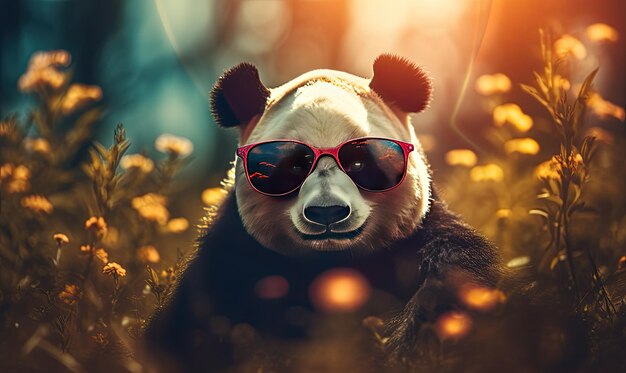 Funny panda bear with sunglasses in the nature Spring is coming Generative AI