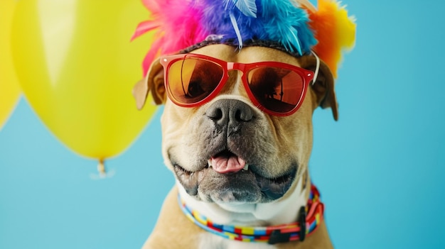 Забавная собака-тусовщик в яркой летней шляпе и стильных солнцезащитных очках AI Generative
