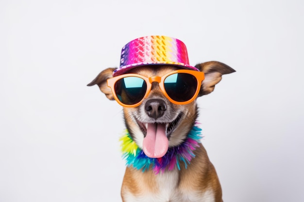 Funny party dog wearing colorful summer hat and stylish sunglasses white background AI Generated