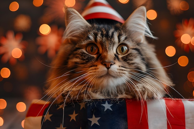 Фото Забавная патриотическая кошка в шляпе с американским флагом и фейерверками на фоне празднования дня независимости 4 июля