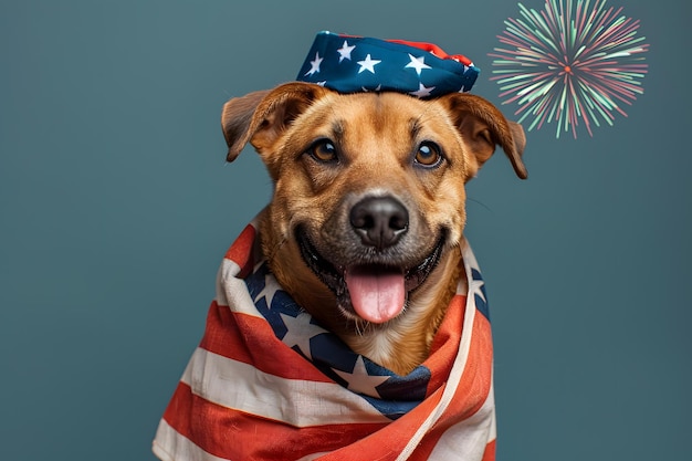 Photo funny patriotic dog in hat with american flag and fireworks on background 4 july independence day celebration