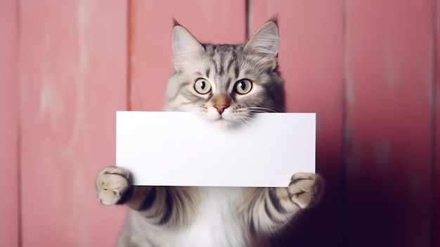 Photo funny pet cat showing a placard isolated on white background blank web banner template and copy space