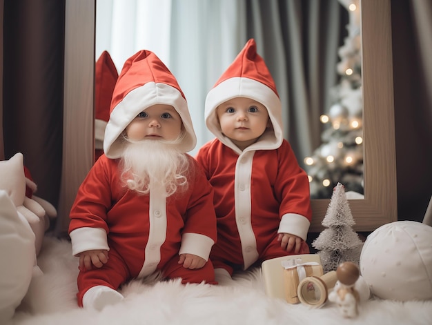 Funny photo of Cute Newborn baby kids wearing Santa Claus and Christmas theme dress portrait