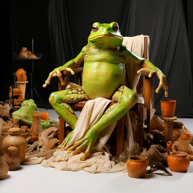 Photo funny photo session of the green frog model in the studio