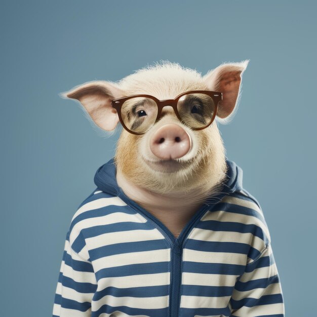 Foto funny pig in striped sweater ritratto concettuale con un tocco elegante