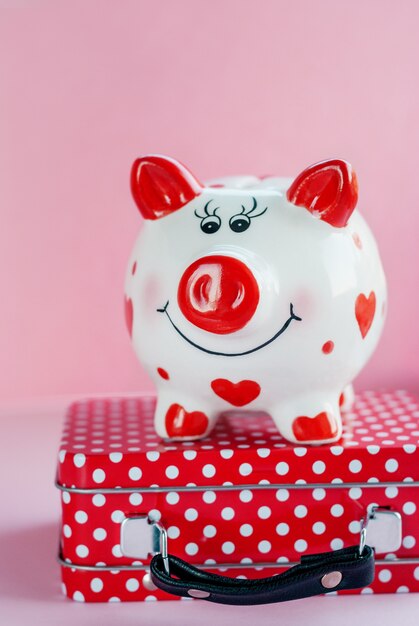 Funny piggy bank on red suitcase