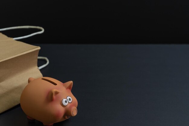 funny piggy bank for saving on purchases and paper bag