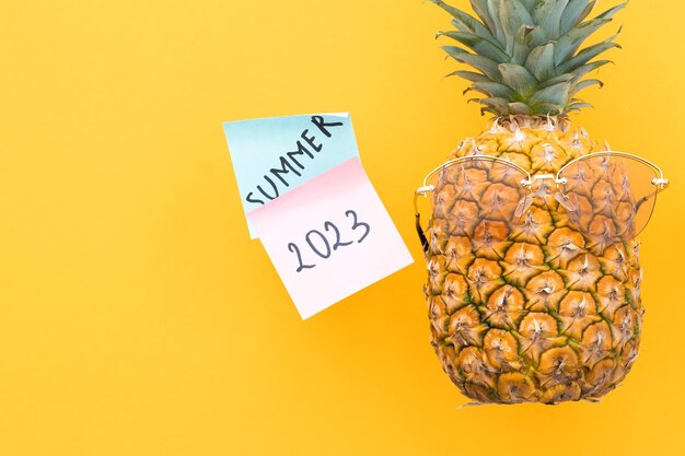 Funny pineapple with sunglasses and word summer 2023 on yellow background