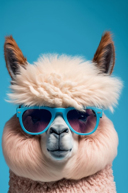 Photo funny pink alpaca in sunglasses on blue background