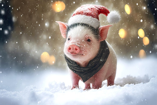 Funny pink baby pig in red riding hood in winter at pig farm