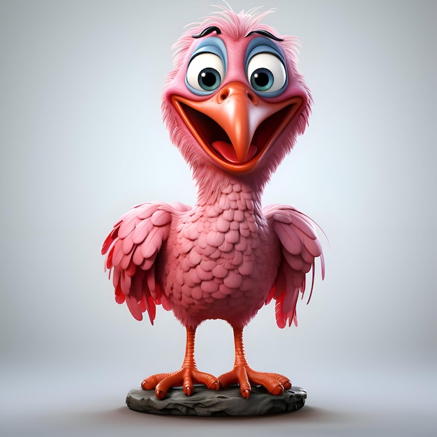 Funny pink bird with big eyes on grey background 3d illustration