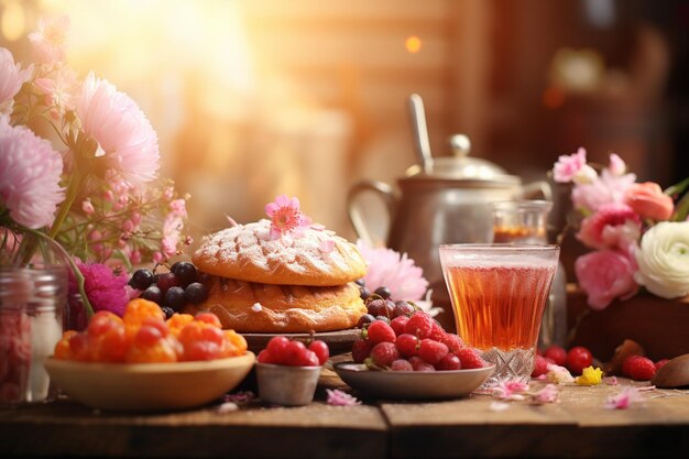 Funny pink cupcake with eyes mouth and tongue surrounded by confectionery and cherry blossoms