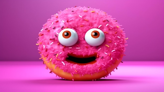 Photo funny pink donut with eyes generative ai