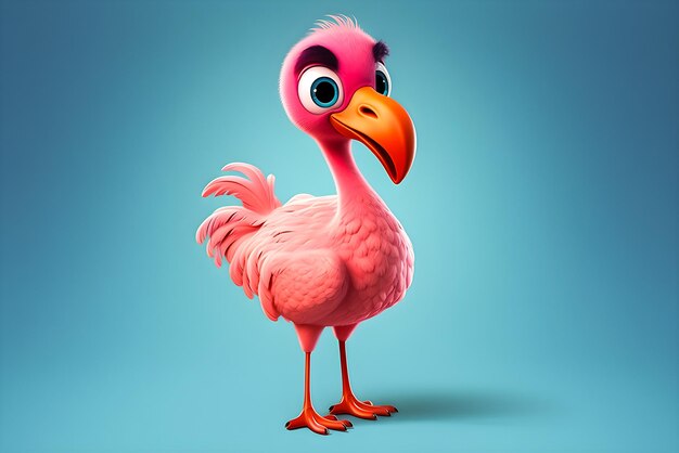 Photo funny pink flamingo character on blue background generative ai