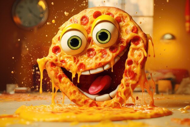 Foto funny pizza slice personaggio dei cartoni animati fetta allegra di pizza con gli occhi