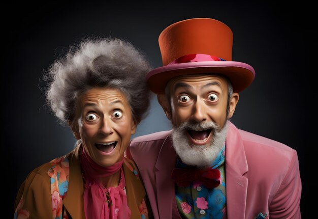 Funny portrait for Acting Caucasian elderly senior couple love for shocked and surprised