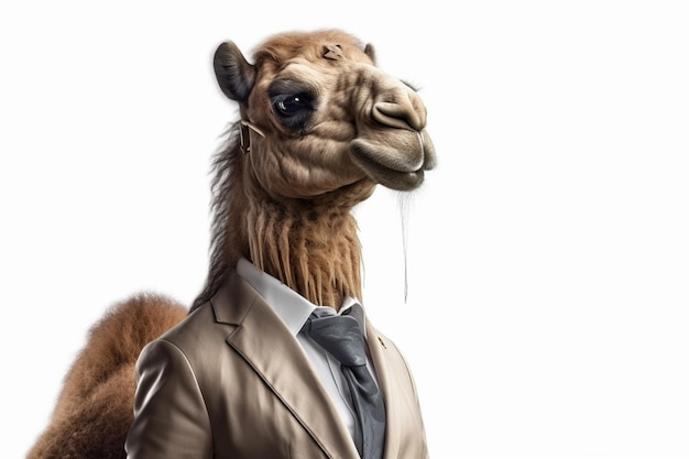 회색 배경에 슈트와  ⁇ 타이를 입은 낙타의 재미있는 초상화