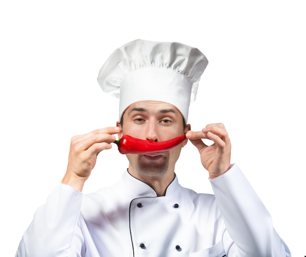 Funny portrait of a chef with a red pepper moustache