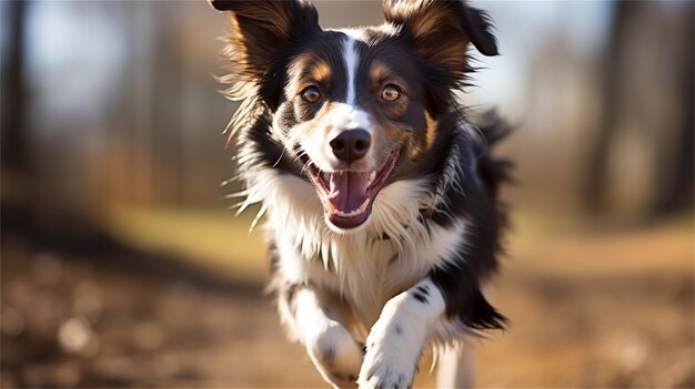 カメラを見ている黒い背景のボーダーコリー犬の可愛い笑顔の子犬の面白い肖像画