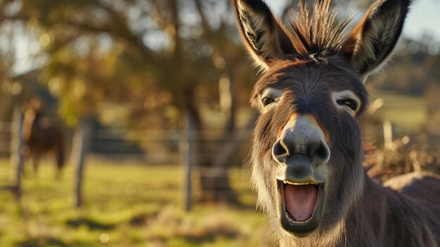 Photo funny portrait of a donkey smiling generative ai