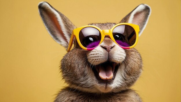 Funny Portrait Face Of A Laughing Jumping Bunny With Colorful Sunglasses