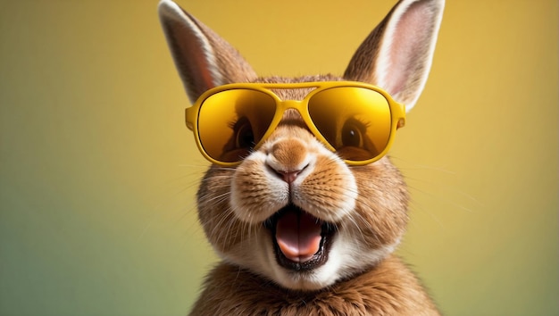 Funny Portrait Face Of A Laughing Jumping Bunny With Colorful Sunglasses