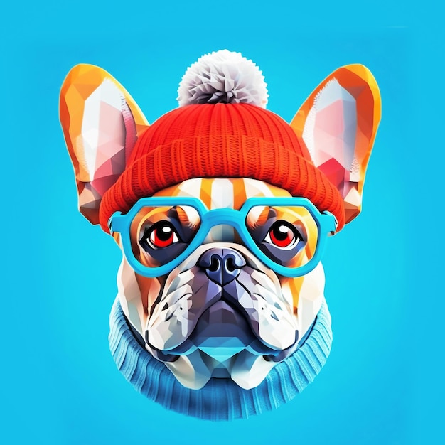 Funny portrait of french bulldog in bluerimmed glasses and orange knitted hat