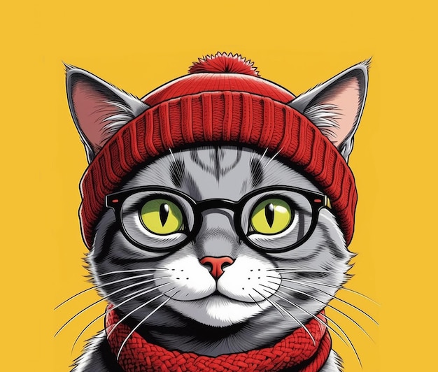 Funny portrait of grey cat in glasses and red knitted hat on yellow background