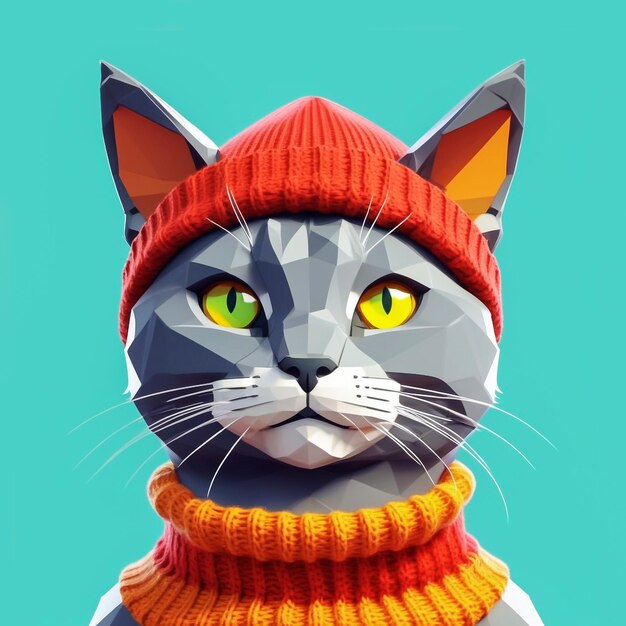 青い背景の編み帽子をかぶった灰色の猫の面白い肖像画