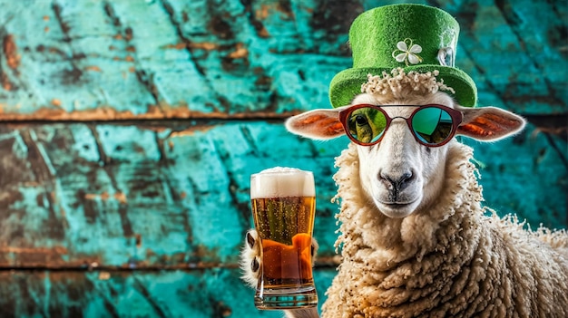 Funny Portrait Of a Sheep Donning Stylish Sunglasses and a Green Saint Patricks Day Hat And Beer