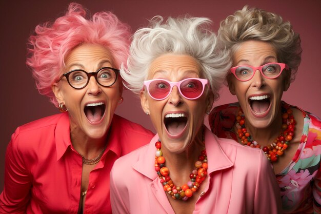 Funny portrait of three old shocked women looking at camera keeping mouth open