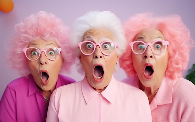 Funny portrait of three old shocked women looking at camera