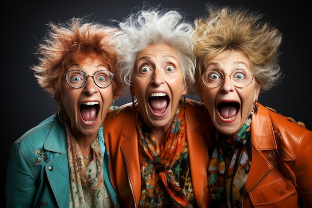 Funny portrait of three senior shocked women looking at camera keeping mouth open