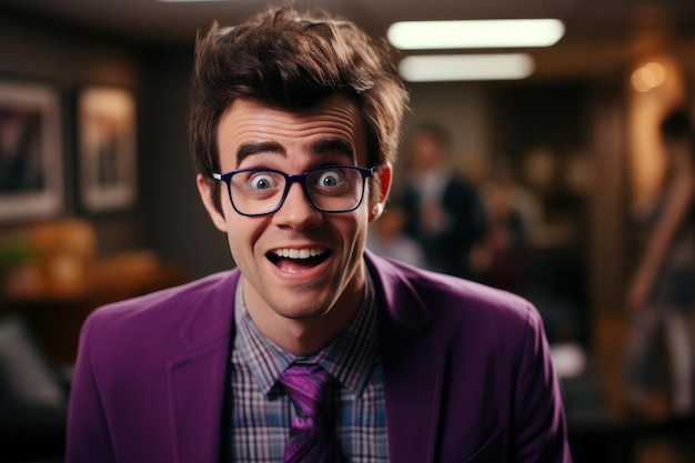 Foto divertente ritratto di giovane maschio con gli occhiali ideali per pubblicità o pubblicità
